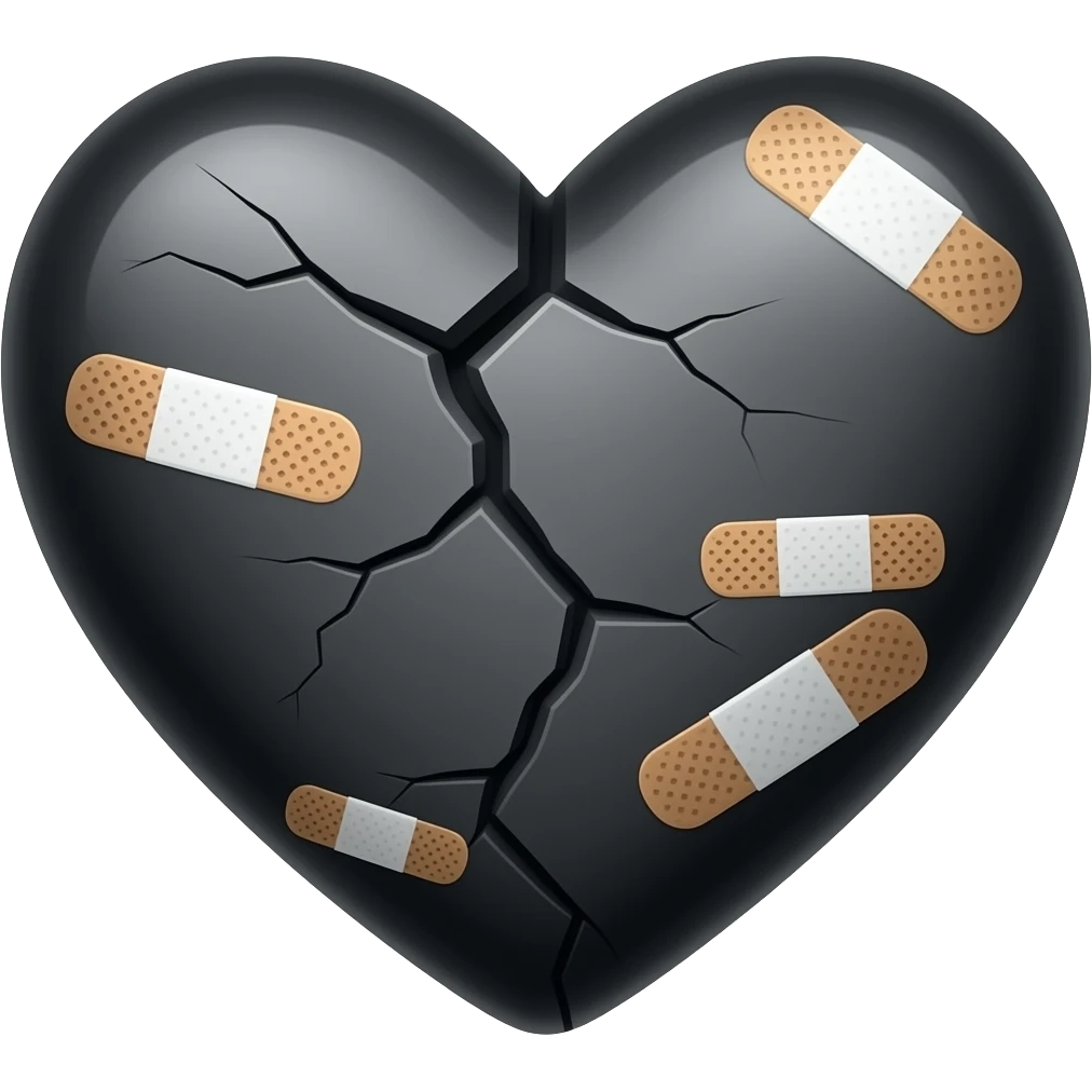 Black cracked mending heart with several small white band aids emoji