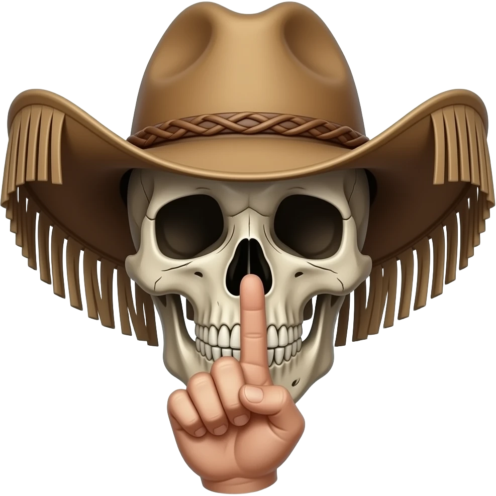 Cowboy Skull with his index finger to his lips, shhhh, palm facing his face emoji