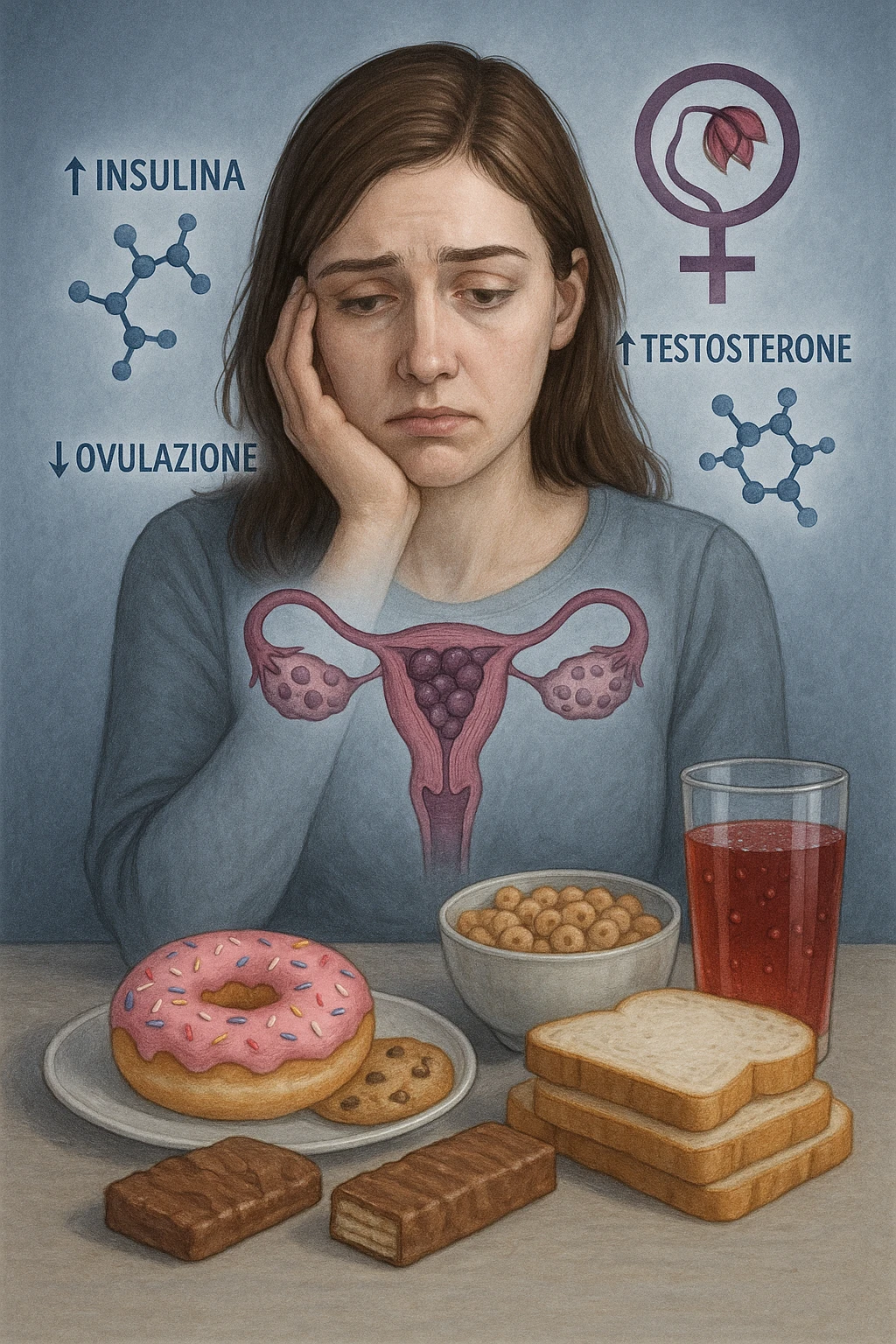 Donna tra i 25 e i 35 anni con espressione affaticata e delusa, seduta a tavola. Davanti a lei cibi ad alto indice glicemico: dolci industriali, cereali raffinati, bibite zuccherate. In trasparenza sopra il suo corpo si vedono ovaie con cisti multiple (PCOS) e un simbolo stilizzato di fertilità (utero con fiore appassito o cerchio spezzato). Attorno a lei fluttuano molecole simboliche come '↑ Insulina', '↑ Testosterone', '↓ Ovulazione'. Atmosfera triste ma educativa. Colori freddi con accenti in rosso e viola. Stile realistico con elementi visivi simbolici chiari in italiano emoji