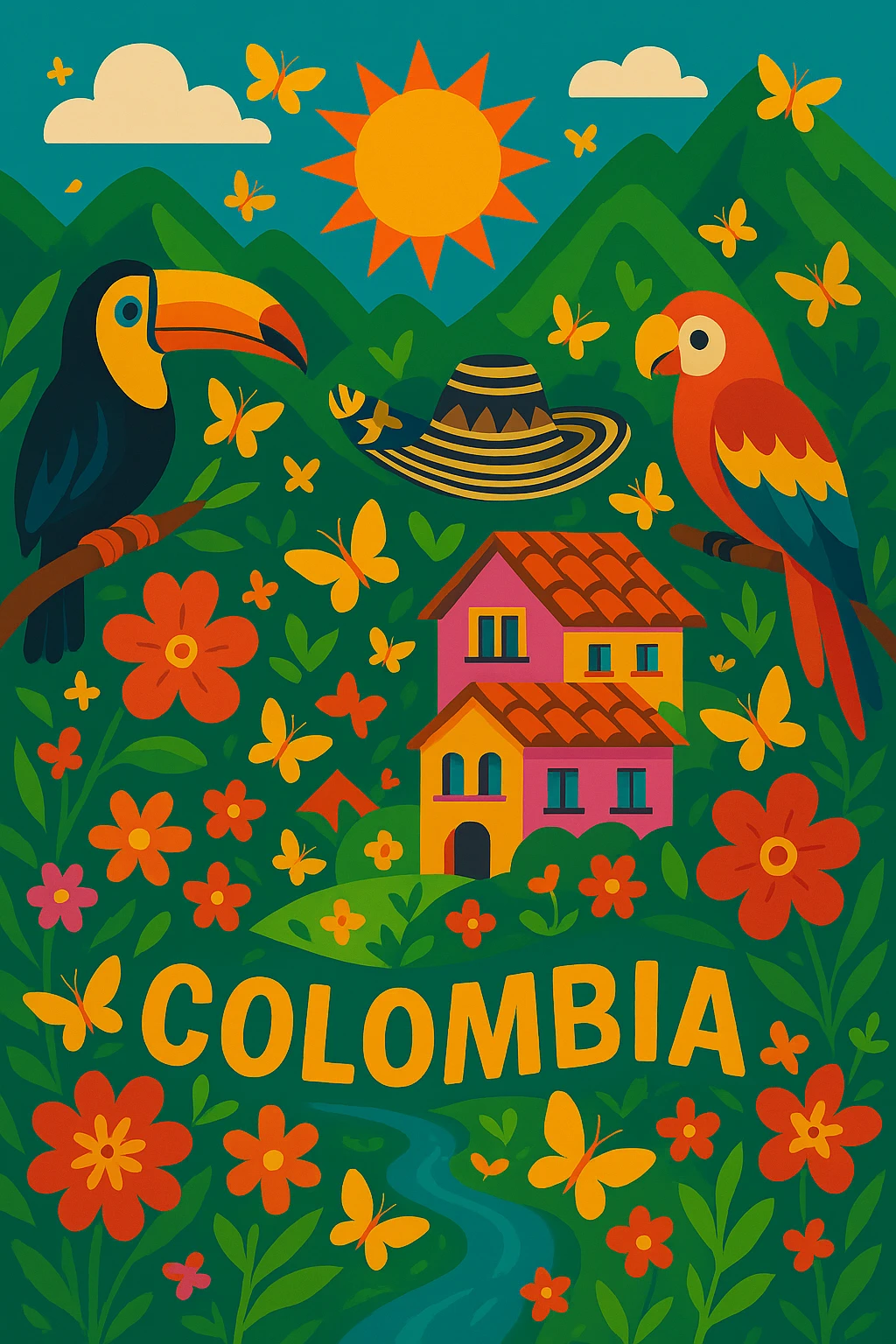 Add magical yellow butterflies throughout the scene, blending them naturally with the vibrant, magical Colombian landscape in a vibrant toon style. emoji
