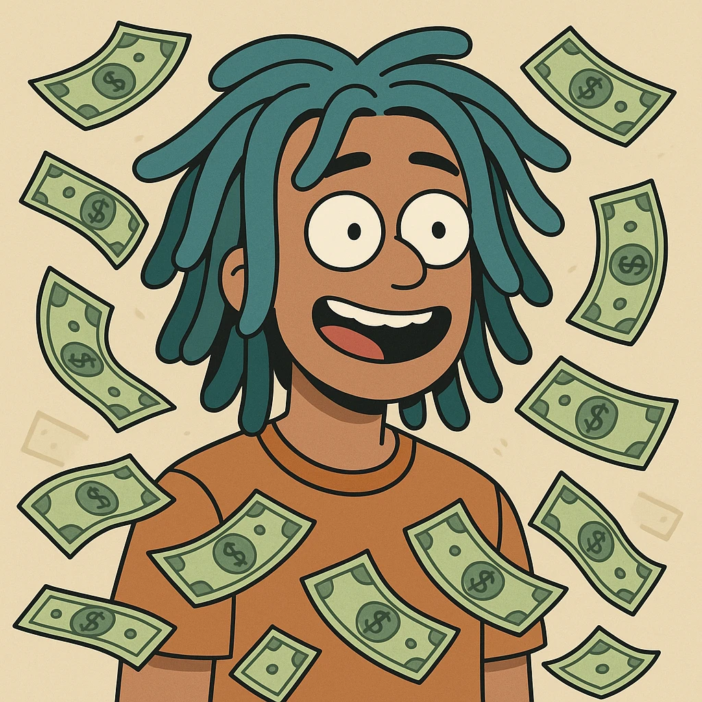 a person with blue dreads surrounded by floating cash, cartoon style emoji