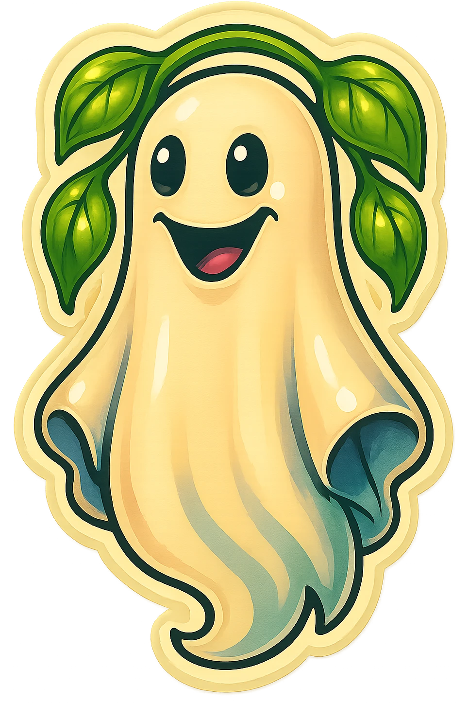 Move the vine and leaves from the ghost's head to behind the ghost as decorative elements in the background. The leaves and vine should frame or accent the ghost from behind, not covering its face or body. Maintain the retro sticker style with expressive shadows and highlights, and keep the friendly look of the ghost. emoji