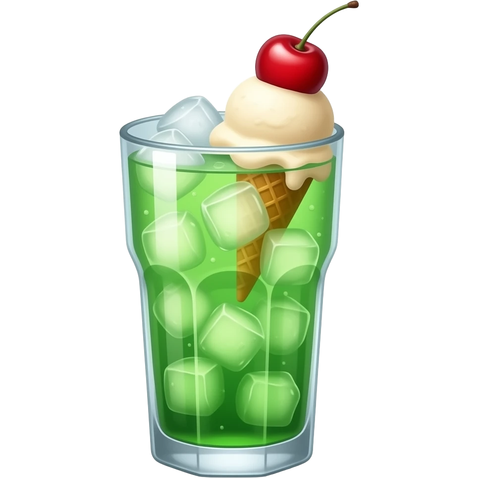 Green cream soda with an ice cream and a cherry on top emoji