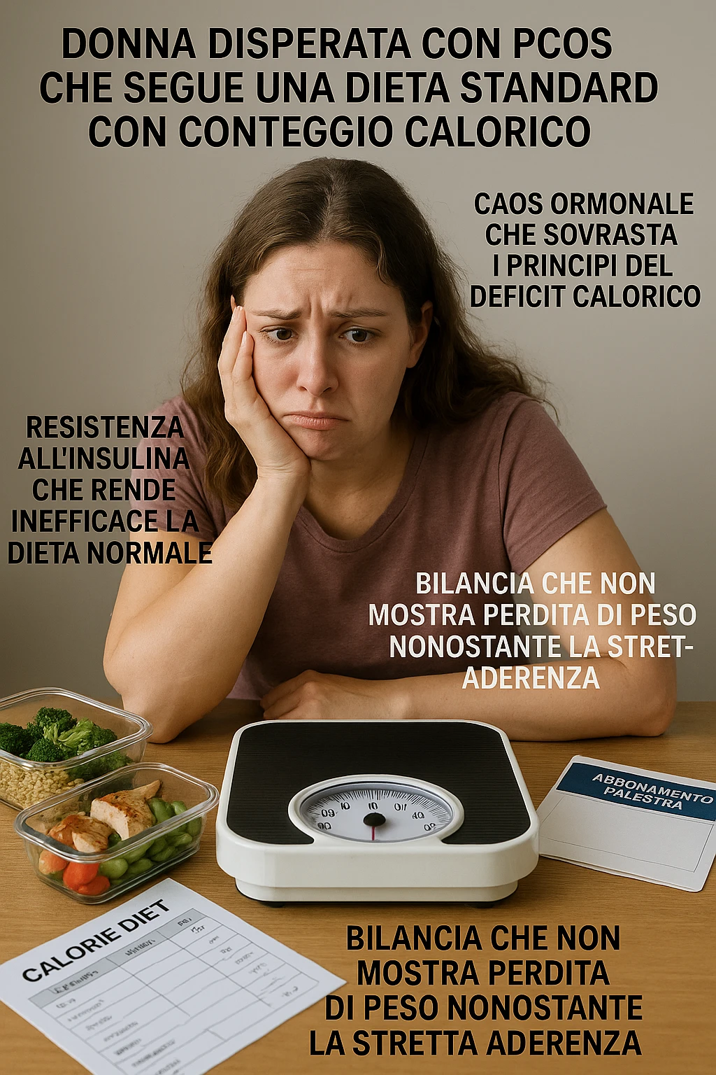 "Desperate woman with PCOS following standard calorie-counting diet, scale showing no weight loss despite strict adherence, expression of confusion and defeat, meal prep containers with healthy foods, insulin resistance making normal dieting ineffective, hormonal chaos overriding caloric deficit principles, gym membership unused due to lack of results scritte in italiano emoji