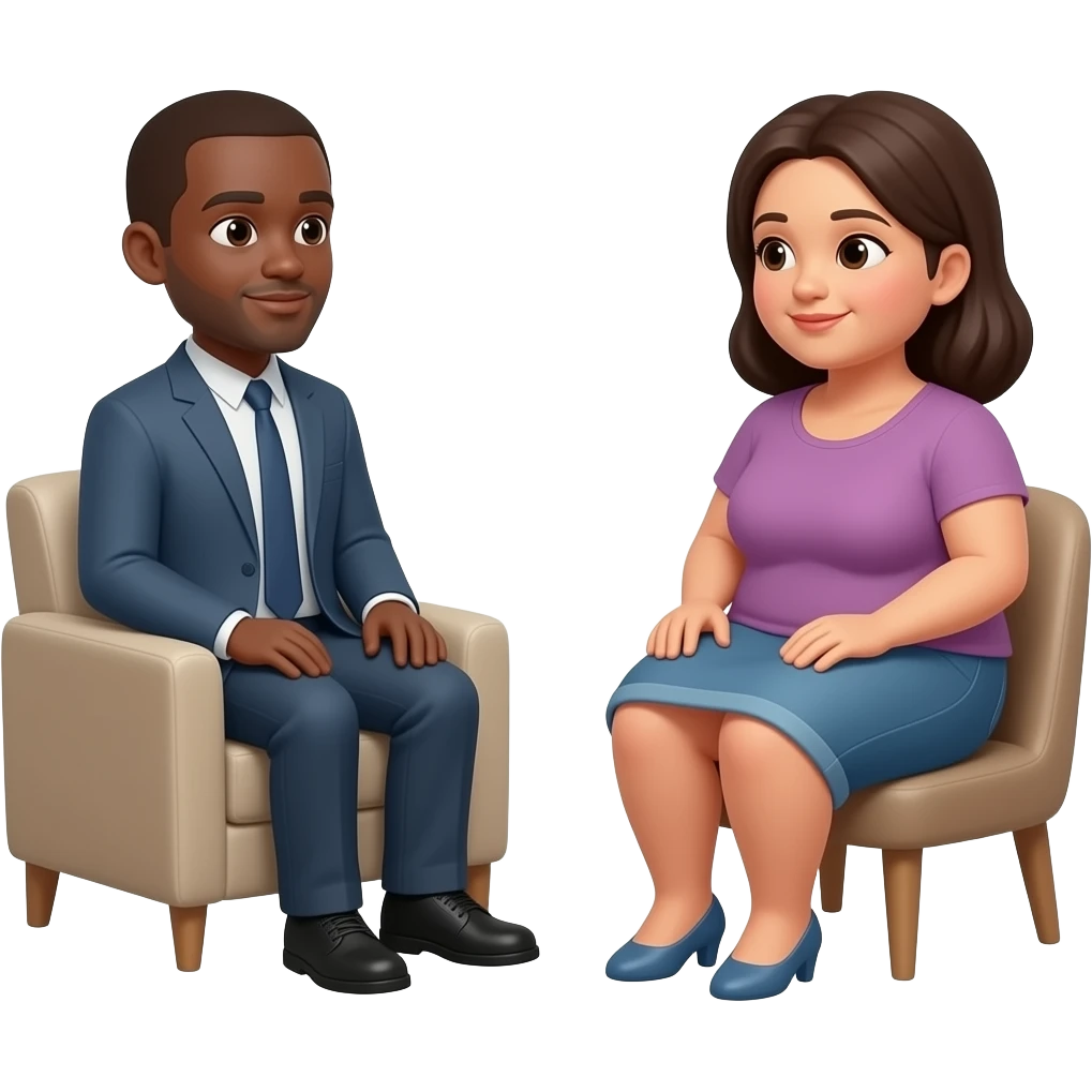 white male sitting in corner chair facing a black man and a light brown skin women with dark hair that is chubby emoji