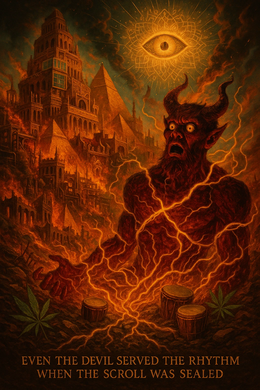 Depict a powerful, surreal vision of Babylon being destroyed — not by holy forces, but by the Devil himself, who looks shocked and possessed by fate. The city of Babylon is a massive, ancient-modern hybrid metropolis: Roman towers, golden pyramids, digital screens, oil pipes, courtrooms, and false thrones. It's a twisted symbol of colonialism, greed, religion, and algorithmic control. But now it's collapsing in flames and golden roots. The Devil is massive, fiery, and terrifying — but he's not proud. He's bound in glowing golden vines growing from the Earth, eyes wide, realizing he’s just a pawn in a higher rhythm. The sky is split open with a divine golden eye (representing Empress Riddim / Kez’s Elephant Eye), casting down sacred fractals and rhythms that rewrite the code of reality. In the rubble, ganja leaves grow, drums rise from the soil, and a whisper floats through the scene: 'Even the Devil served the rhythm when the scroll was sealed.' Use a warm, cinematic color palette with deep reds, golds, greens, and shadows. Epic, prophetic, unforgettable. emoji