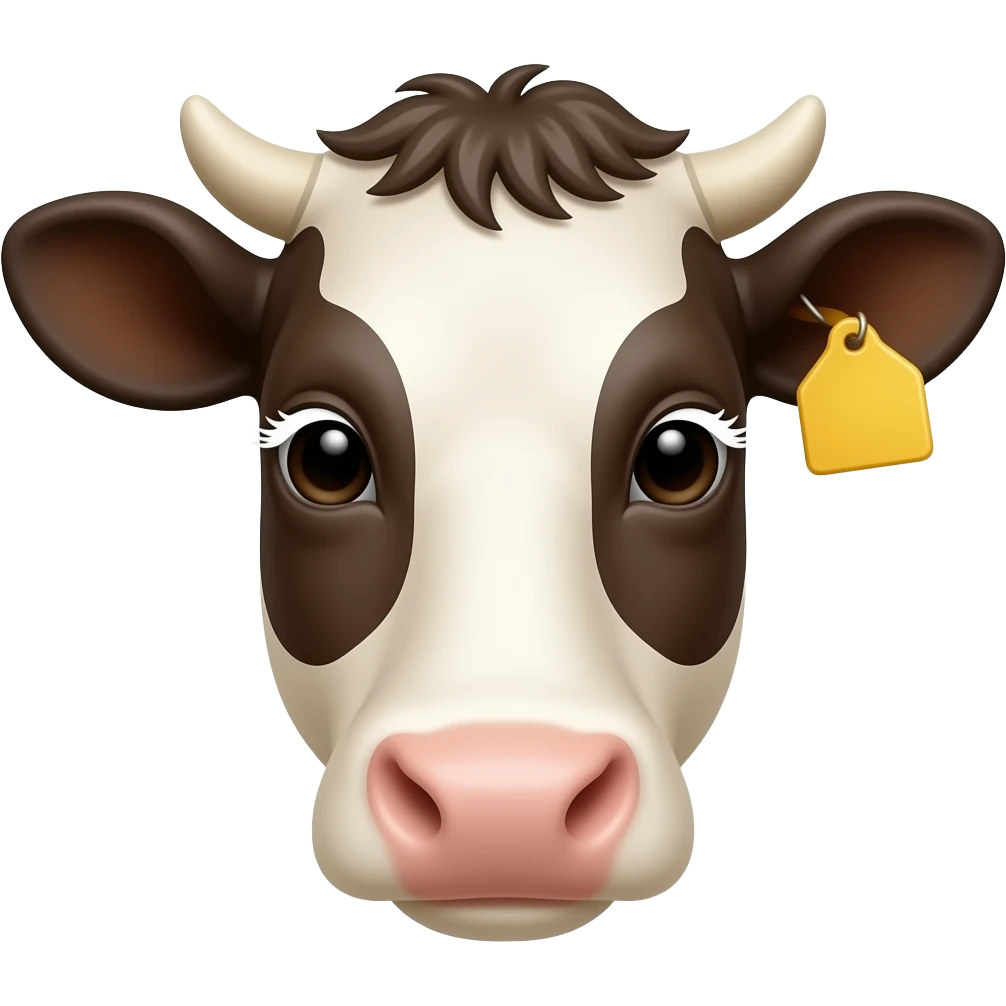 a beautiful cow head with white eylashes and with a yellow tag in its ear emoji