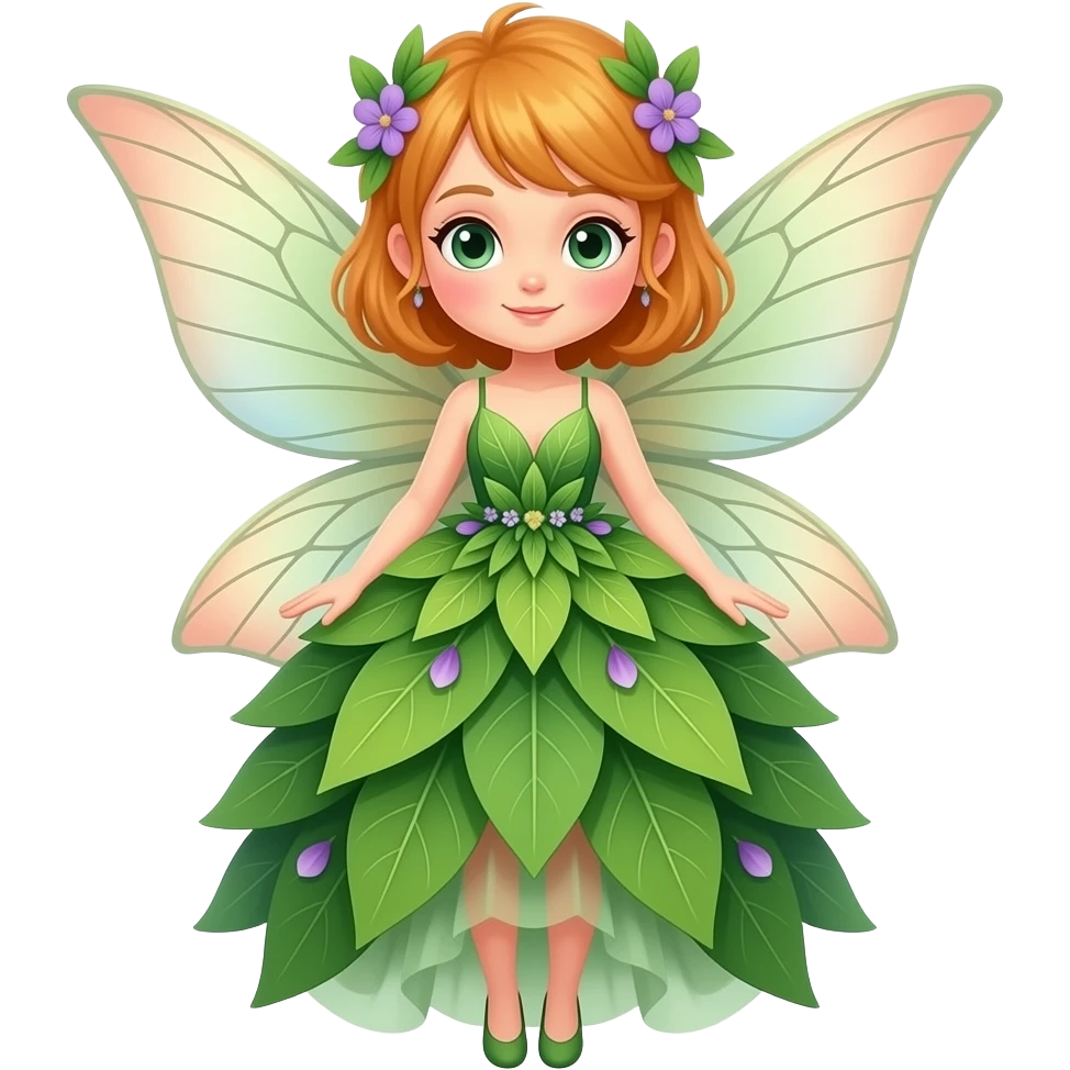 An elegant garden fairy in a green and orange color palette, with delicate translucent wings, a flowing leaf-and-petal dress, rosy cheeks, and tiny lilac accents. emoji