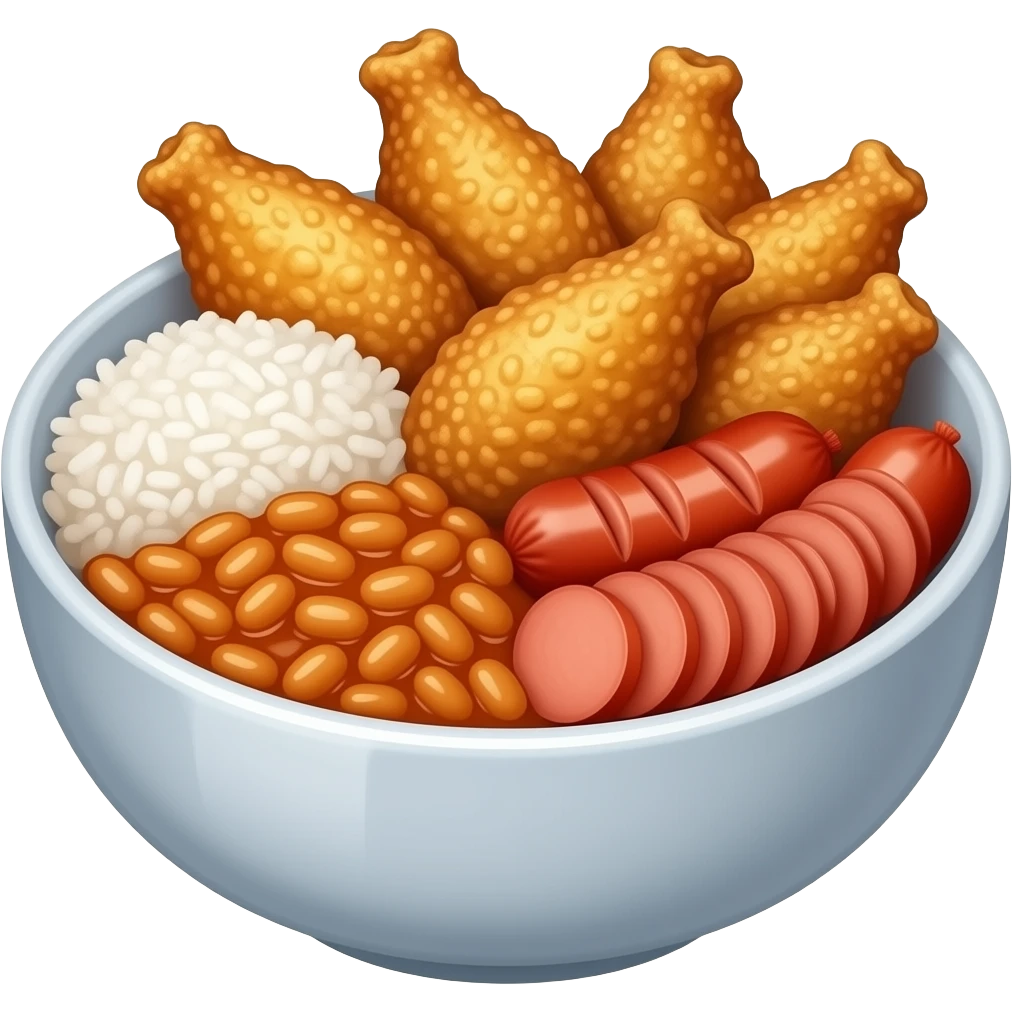 iOS style Bowl of Fried chicken wings, a scoop of white rice, and baked beans with sliced sausages emoji