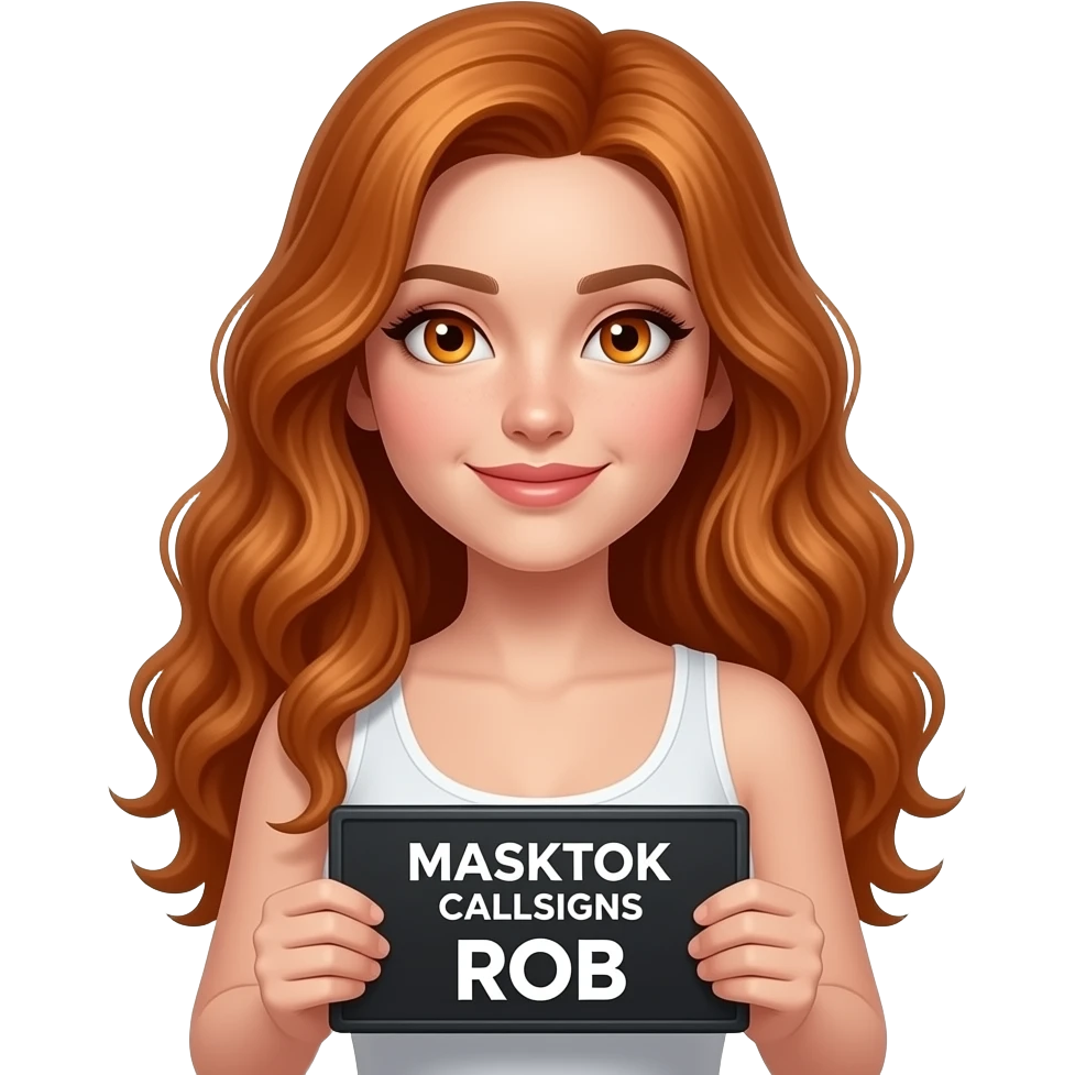 sexy girl with long wavy ginger hair and ginger eyes wearing a white tanktop is holding a black colored sign with MASKTOK CALLSIGN ROB written on it emoji
