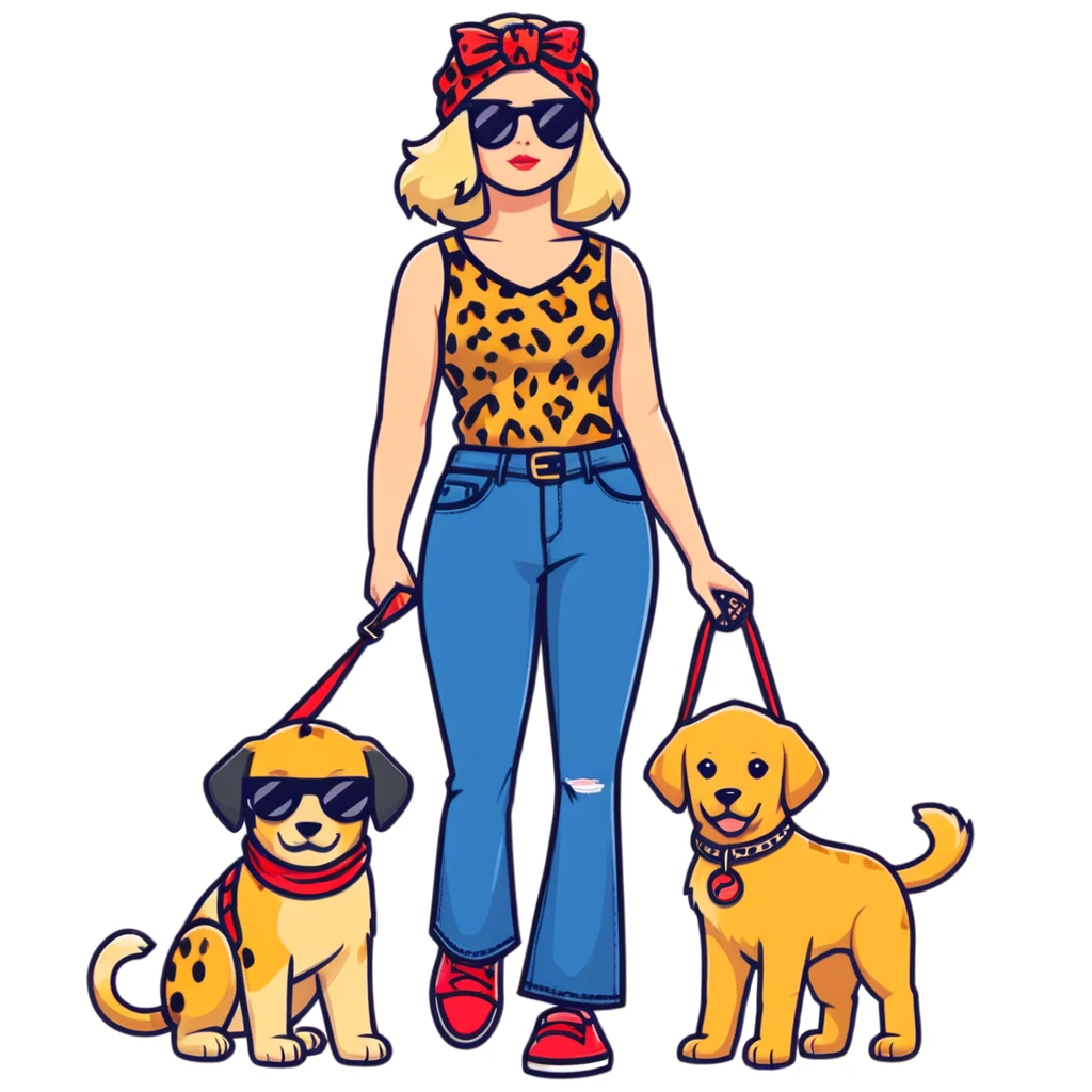 stylish woman in leopard print sleeveless top, flared jeans, sunglasses, black bag, squatting next to happy golden retriever with red bandana and blue leash, urban brick wall background, side angle emoji