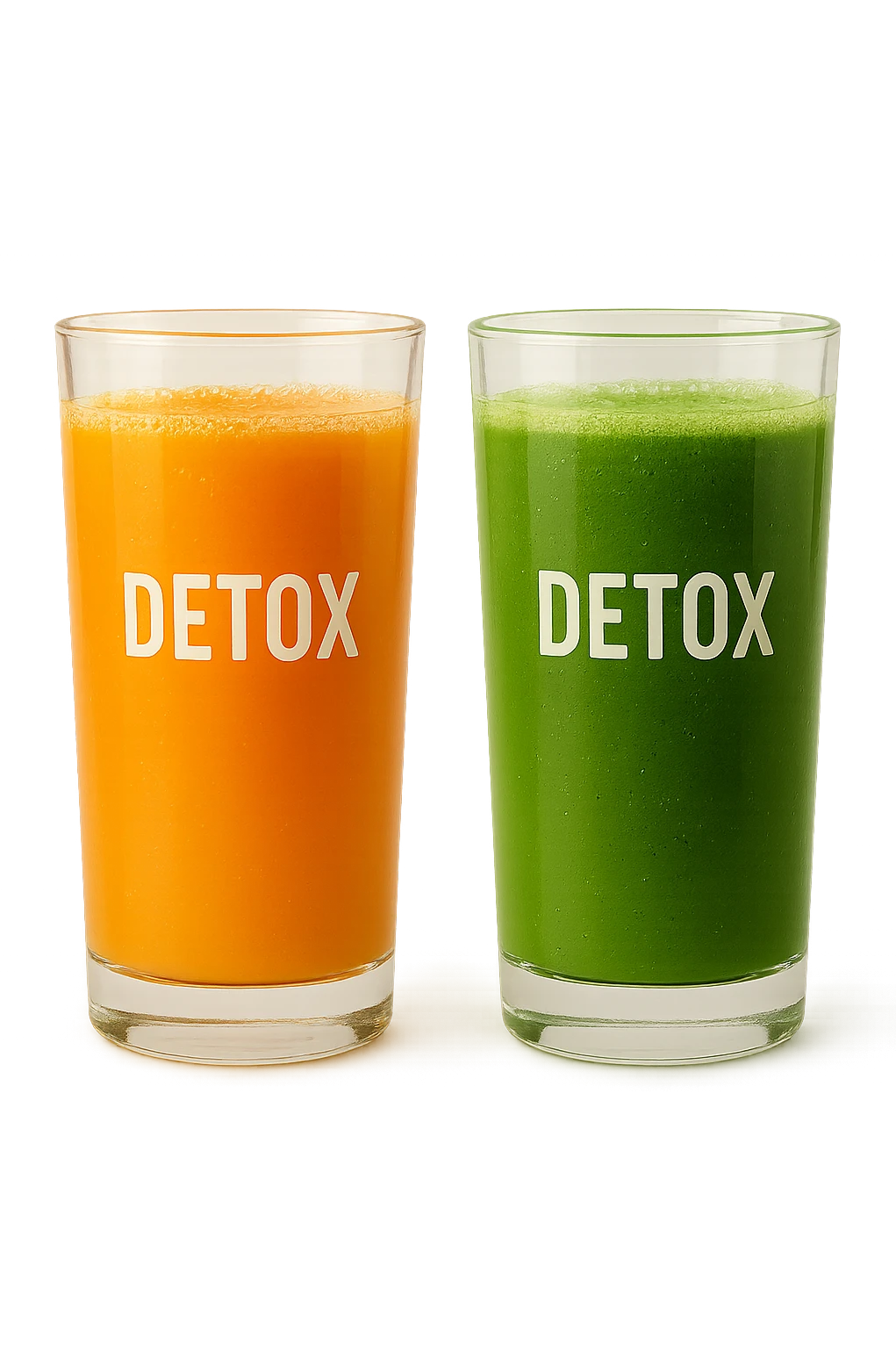 DUE BICCHIERI DI SUCCO DI FRUTTA, UNO ARANCIONE E UNO VERDE, CON LA SCRITTA DETOX SUL BICCHIERE,  realistici emoji