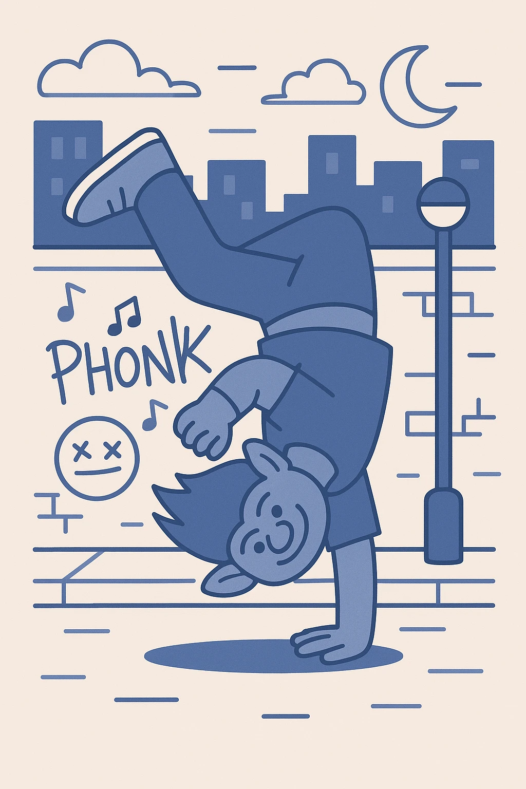 troll breakdancing on a city street at night, graffiti and phonk music elements, dynamic urban style, flat blue emoji