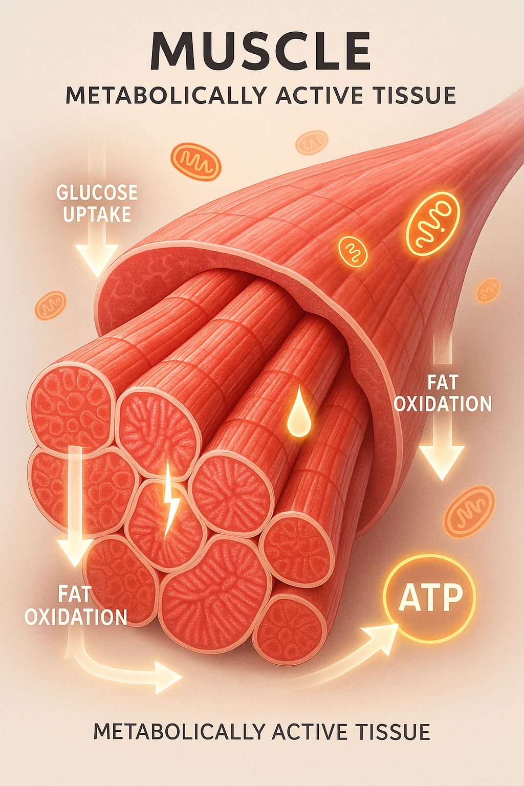 a highly detailed cross-section of human skeletal muscle fibers, shown in vibrant red and pink tones, with visible striations and realistic texture. Glowing arrows and animated icons represent active metabolic processes—such as glucose uptake, fat oxidation, and ATP production—occurring within the muscle tissue. Surrounding the muscle, floating symbols for mitochondria and energy highlight its metabolic activity. The background is clean and clinical, with subtle labels and infographics explaining that muscle is a metabolically active tissue. The overall style is modern, scientific, and visually engaging, suitable for educational or medical use. emoji