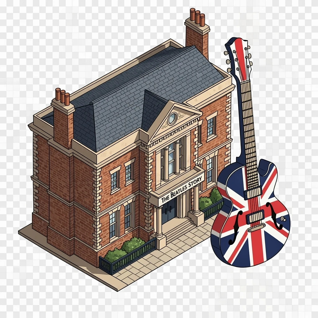 Isometric illustration photorealistic The Beatles Story museum, a Union Jack guitar and brick building in a miniature, slightly hand-drawn style, balanced between stylized and realistic, no cartoonish look, transparent background. emoji
