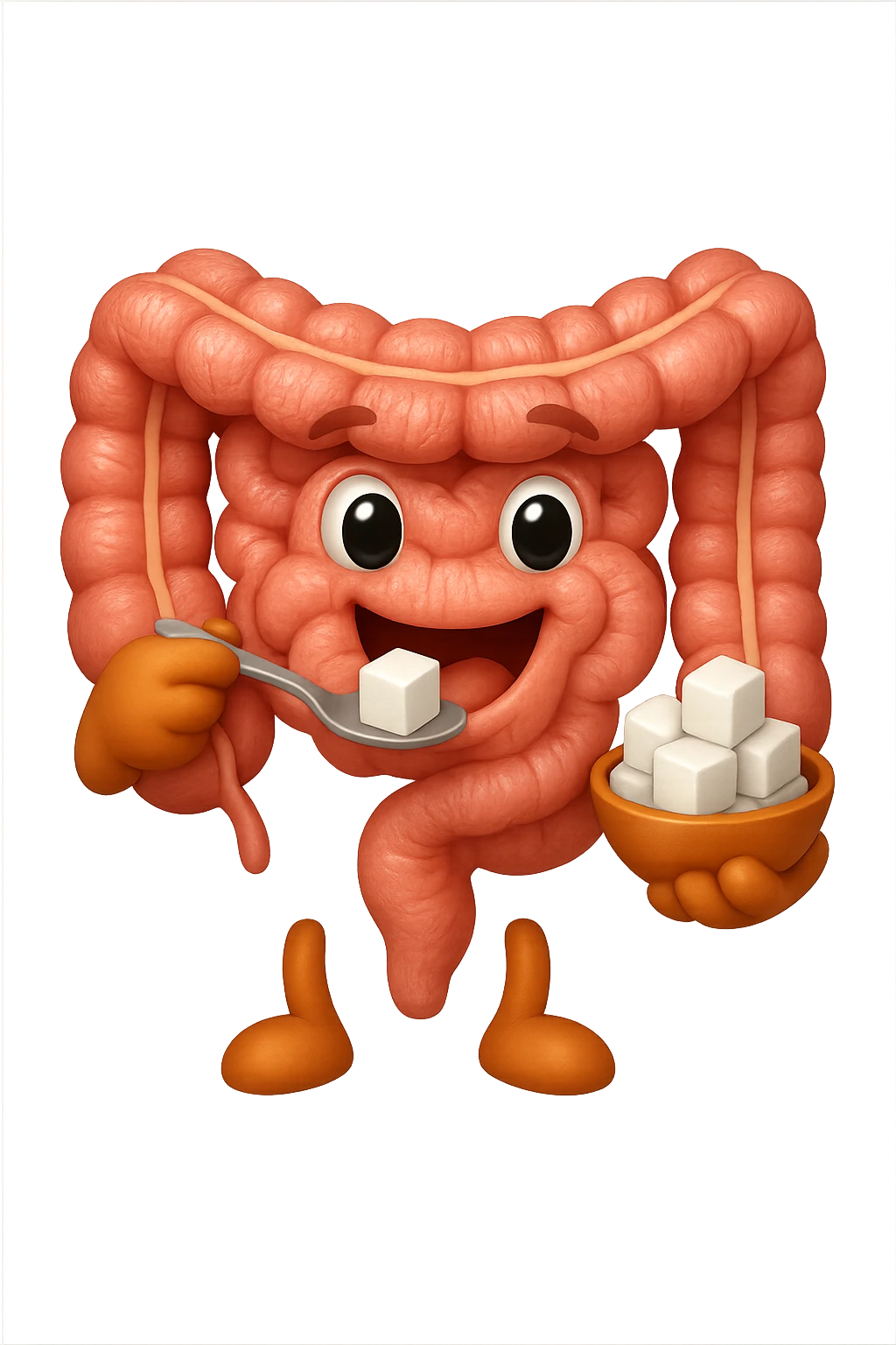 emoji stile iphone di un intestino anatomico che mangia zollette di zucchero, iperrealistico 4k, isolato su sfondo bianco emoji