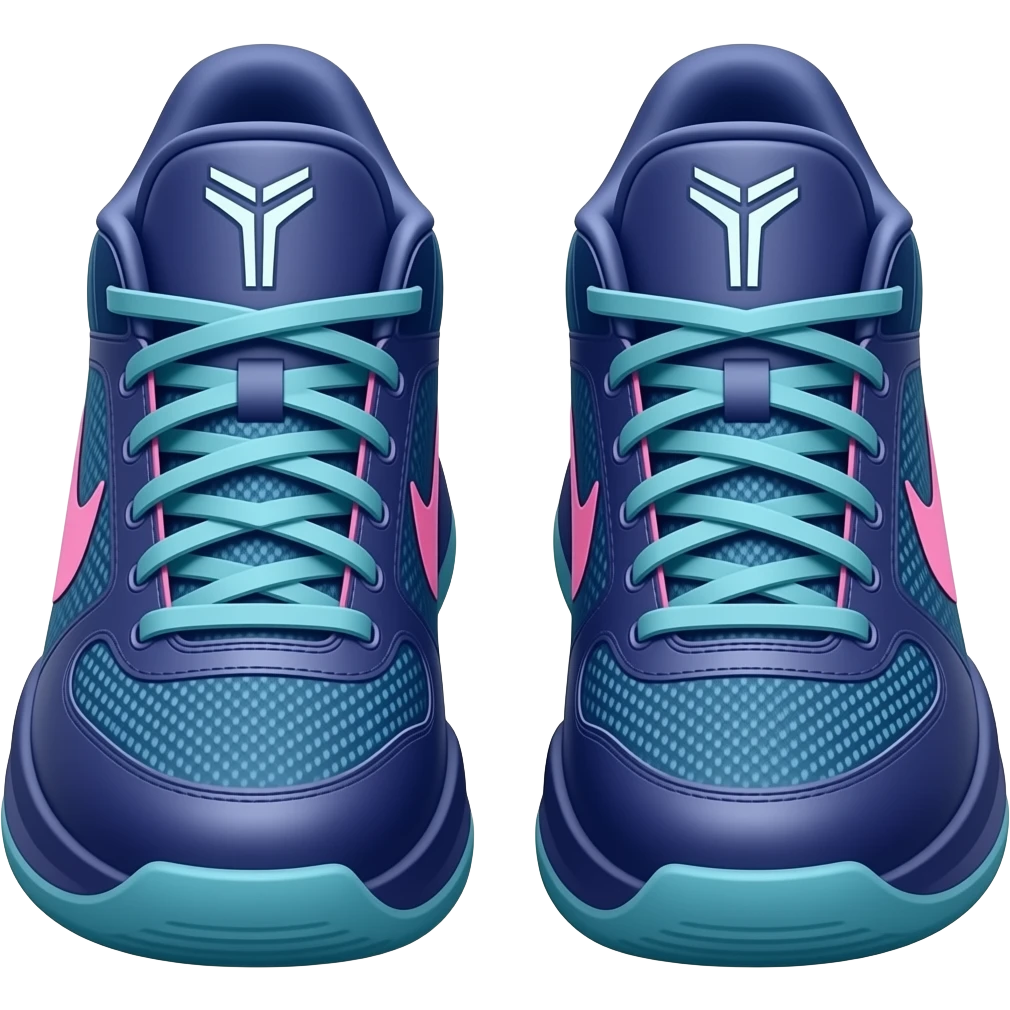 Make dark blue teal and pink Kobe basketball shoes facing me with two of them and make sure the Kobe logo is on the tongue emoji