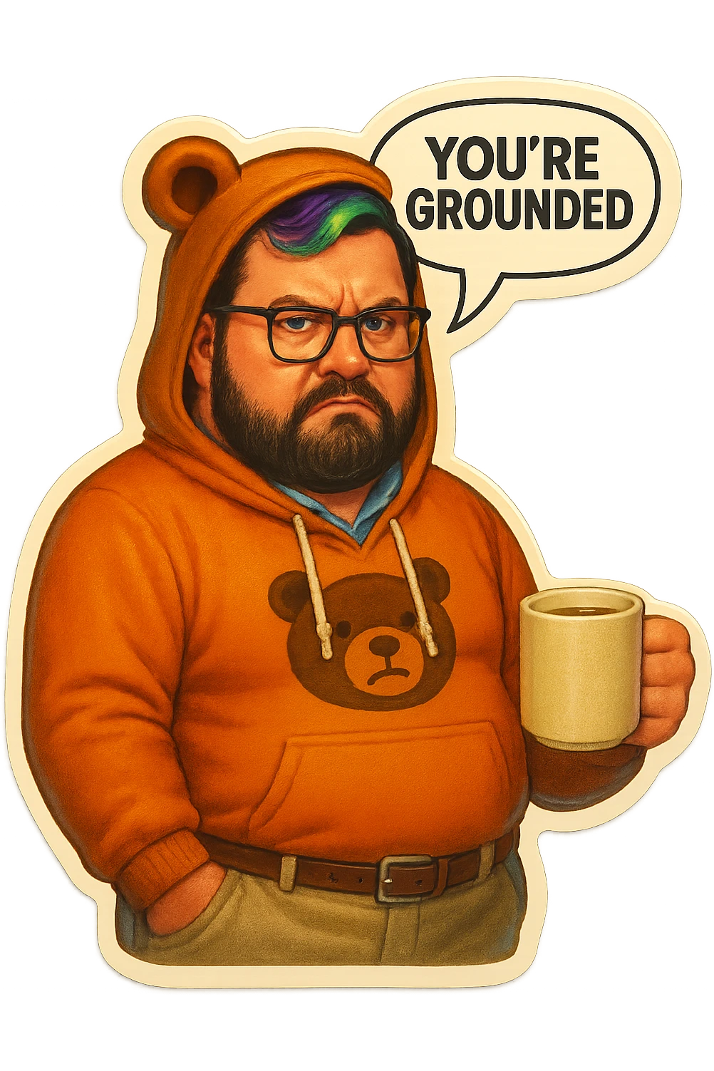A realism art illustration art style of a plus-sizes man with purple to green ombre streak, black beard, blue eye, glasses, wearing a bear hoodie with ears,  dressed like a dad, holding a coffee mug, You’re grounded speech bubble, frowning  emoji