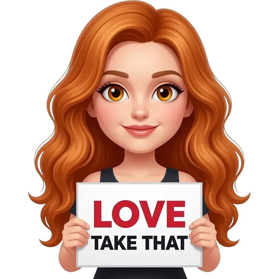 a sexy girl with long wavy ginger hair and ginger eyes is holding a LOVE TAKE THAT sign emoji