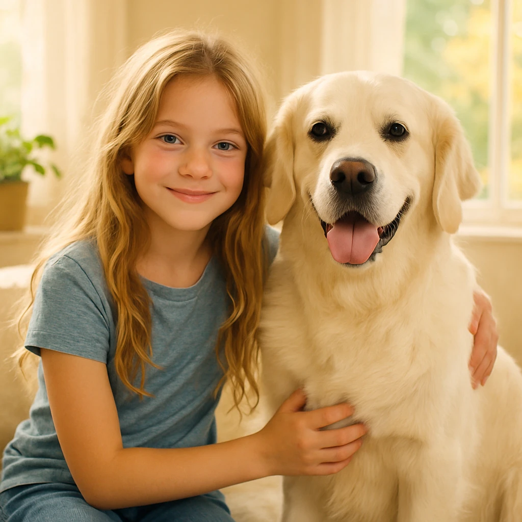 dirty blonde girl with long hair and dark blue eyes, sitting beside an English cream golden retriever, relaxed and happy mood emoji