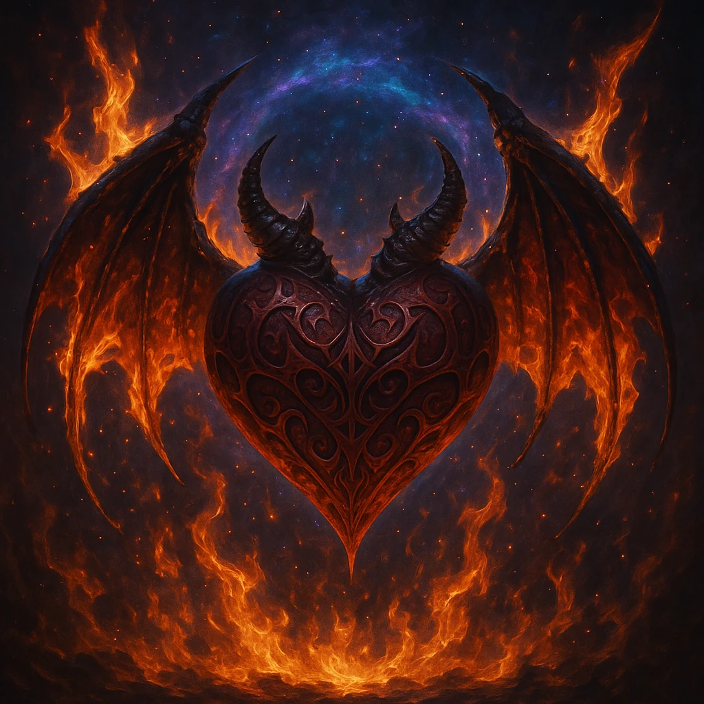 fantasy devil heart with wings, fire, and magical aura emoji