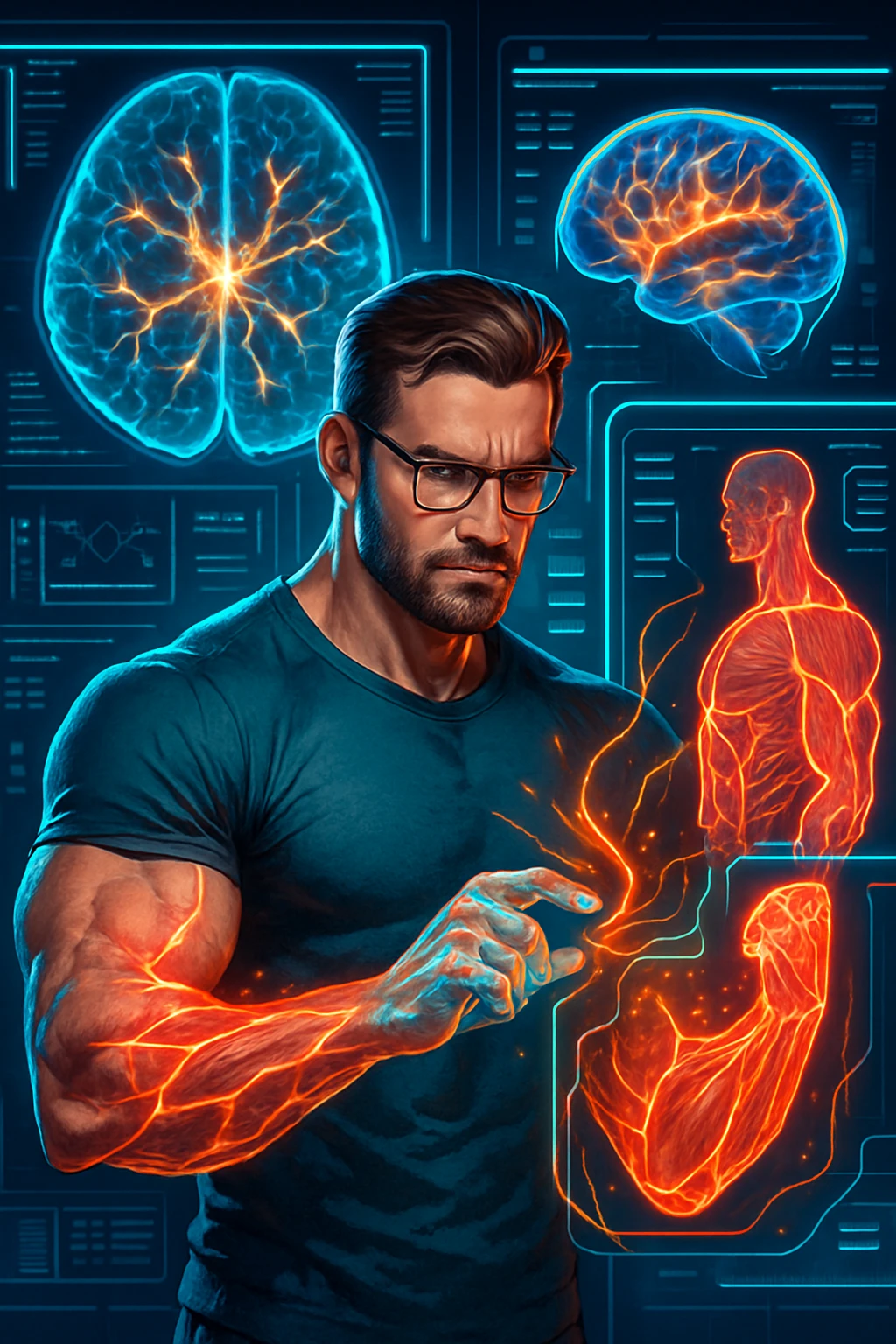 "Neuroscientist using advanced visualization to reprogram muscle development pathways, brain scans showing neural networks firing to stimulate muscle growth, expression of scientific breakthrough, his body responding to optimized mental training protocols, muscle memory being created without physical movement, consciousness hacking biological systems for muscle development" emoji