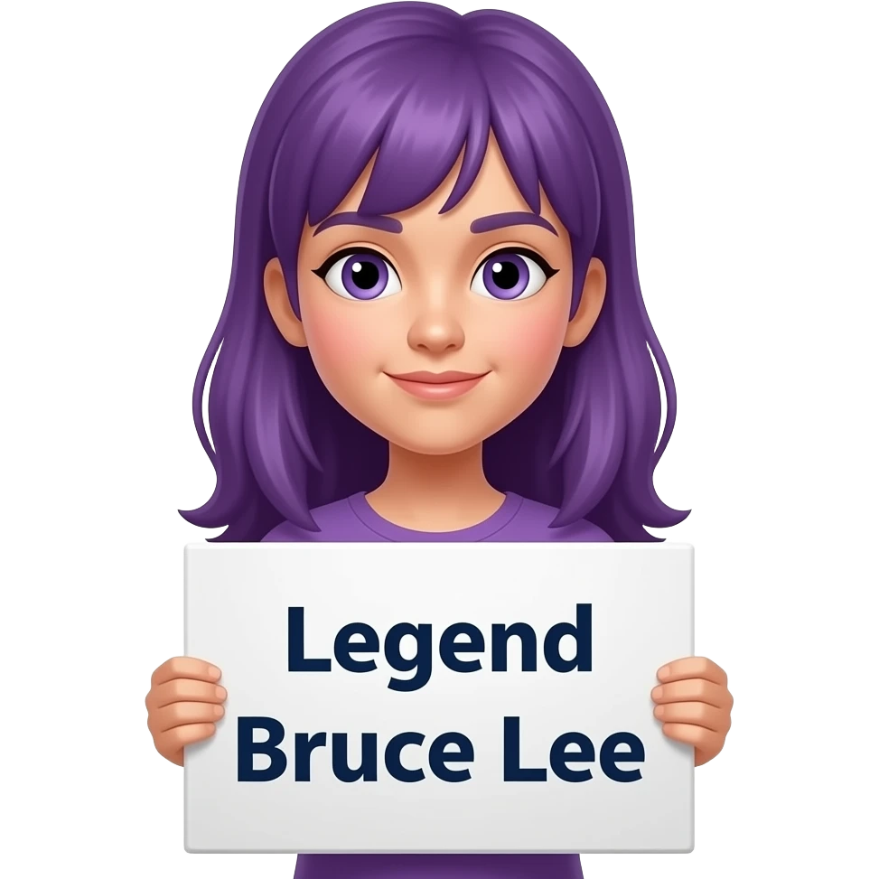 girl with long purple hair holding a Legend BRUCE LEE sign emoji