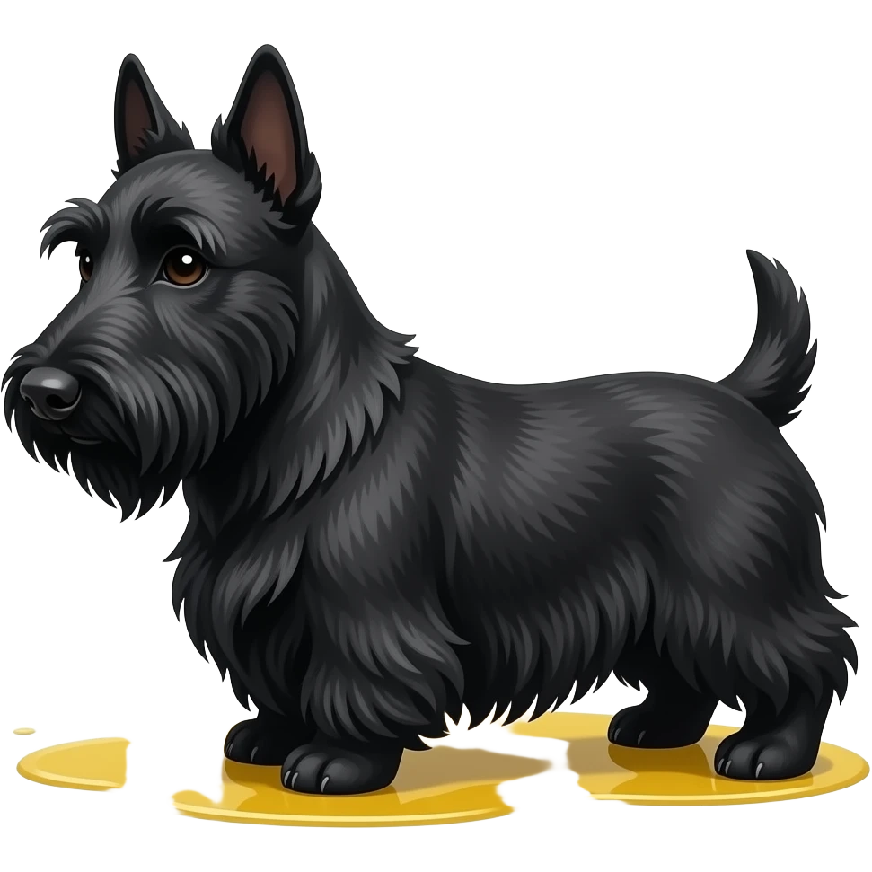 Black Scottie dog, small yellow puddle under his rear back paws emoji