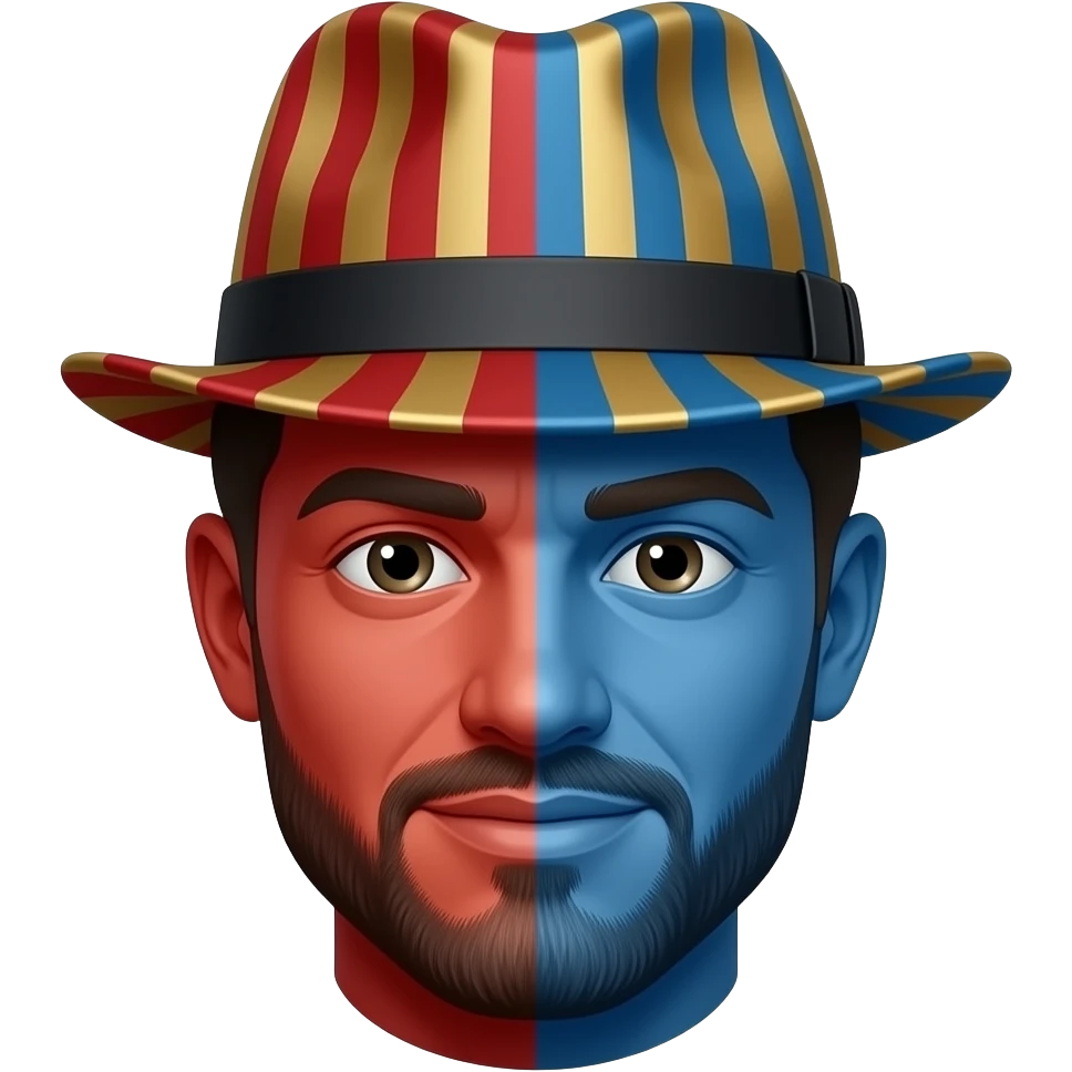 Following this image, Change His hat and make one side red the other blue with gold paintlike stripes, keep the hat on the top emoji