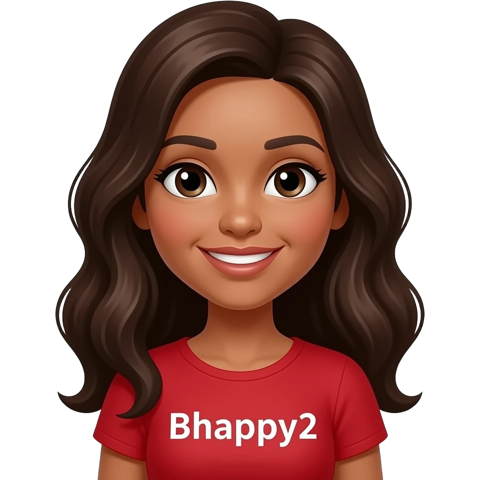 Add the caption Bhappy2 a brown Betty boo female emoji image in a red dress with the words Bhappy2 emoji