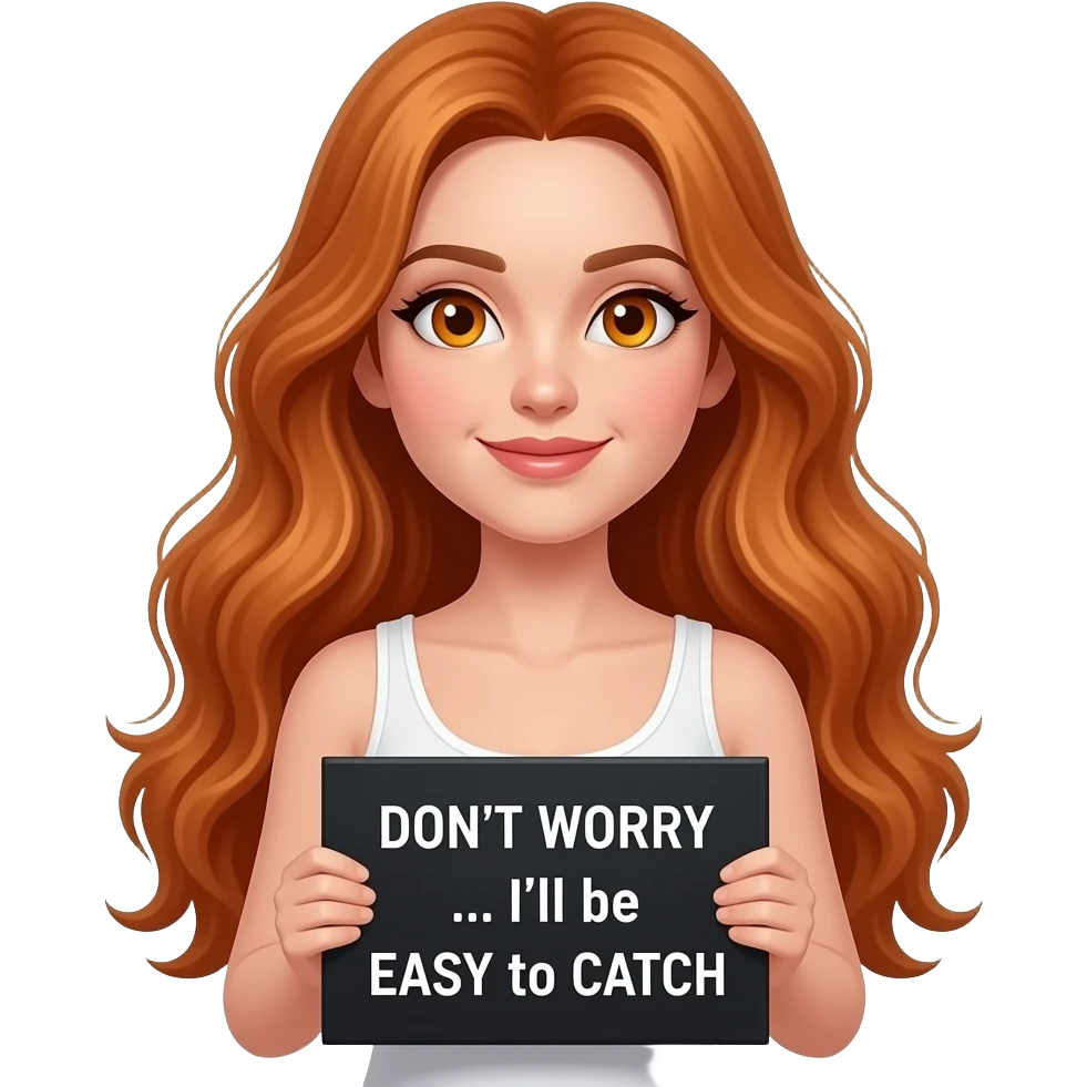 sexy girl with long wavy ginger hair and ginger eyes wearing a white tanktop is holding a black colored sign with DON'T WORRY... I'll be EASY to CATCH written on it emoji