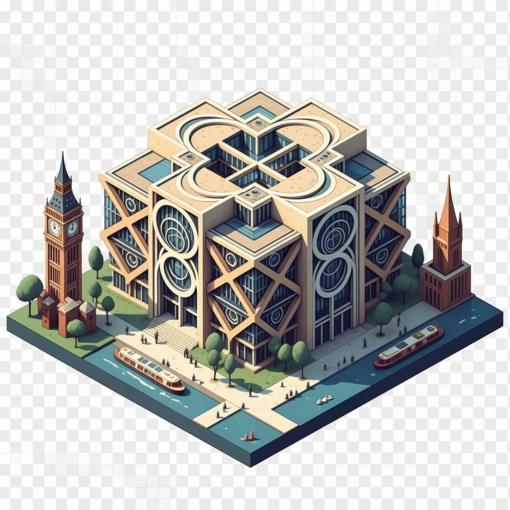Isometric illustration of Birmingham, photorealistic the Library of Birmingham with its modern architecture, balanced between stylized and realistic, 3D miniature effect, transparent background. emoji