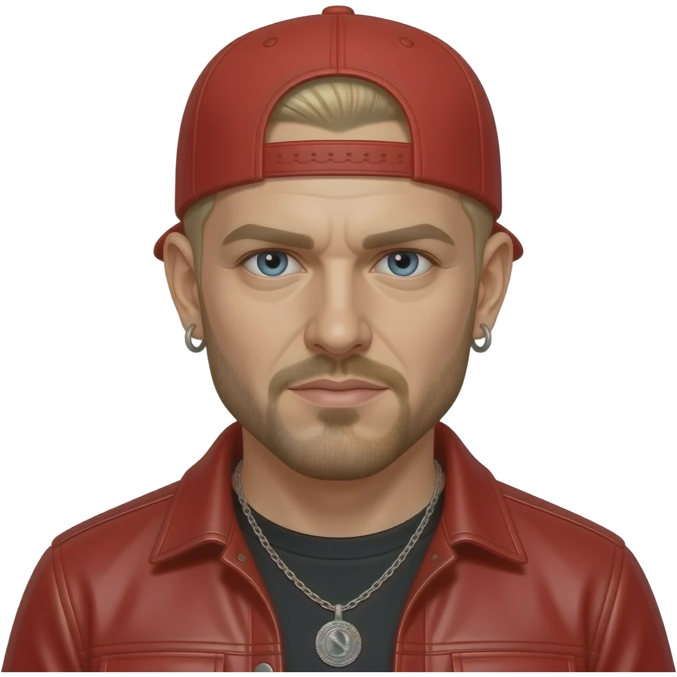 Fred Durst with blue eyes, blonde buzz cut hair, red cap, red nu-metal outfit, earrings and necklace emoji