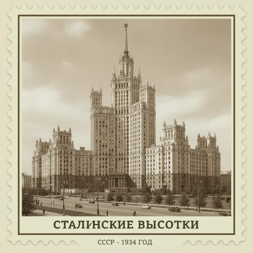 Серия небоскребов в стиле сталинский ампир, СССР 1934 год

Стилизуй изображение под марку как на фото emoji