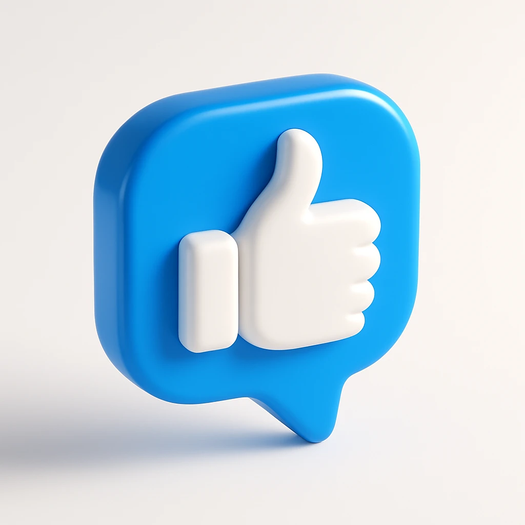 3D thumbs up like icon, white thumb on bright blue speech bubble, modern social media style, floating, high gloss, minimal design, centered, soft blue gradient background emoji