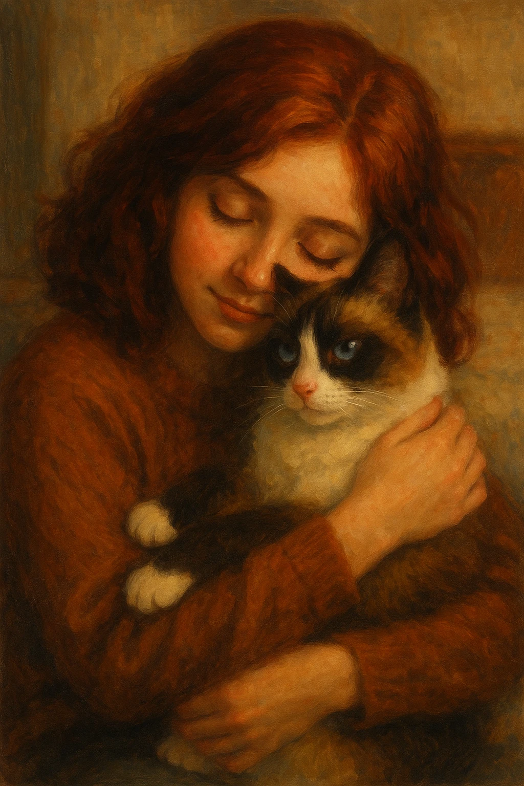 A girl with deep red hair embracing a snowshoe cat, cozy and heartwarming, painterly illustration emoji