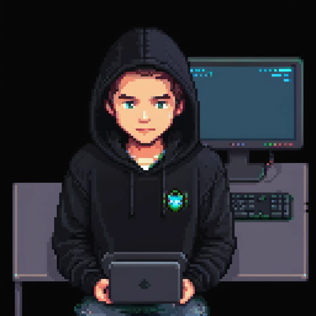 pixel art of a programmer in a dark hoodie, illuminated by the glow of a computer screen emoji