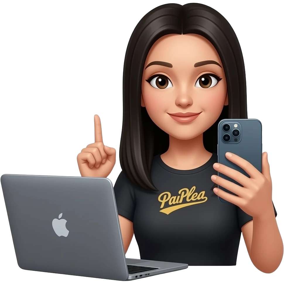 Mujer con cabello largo negro lacio,  de piel normal NO morena, con lunar en el cachete derecho debajo del ojo, con ojos negros, grabandose con su iphone a ella misma, mirando el iphone 15 pro y una mackbook a su lado emoji