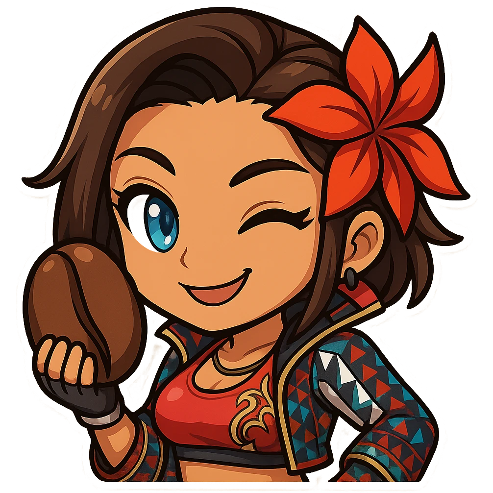 Azucena from Tekken 8 in chibi sticker style, holding a coffee bean, playful wink, wearing the detailed red and patterned outfit from the reference images, designed for Twitch emote use. emoji