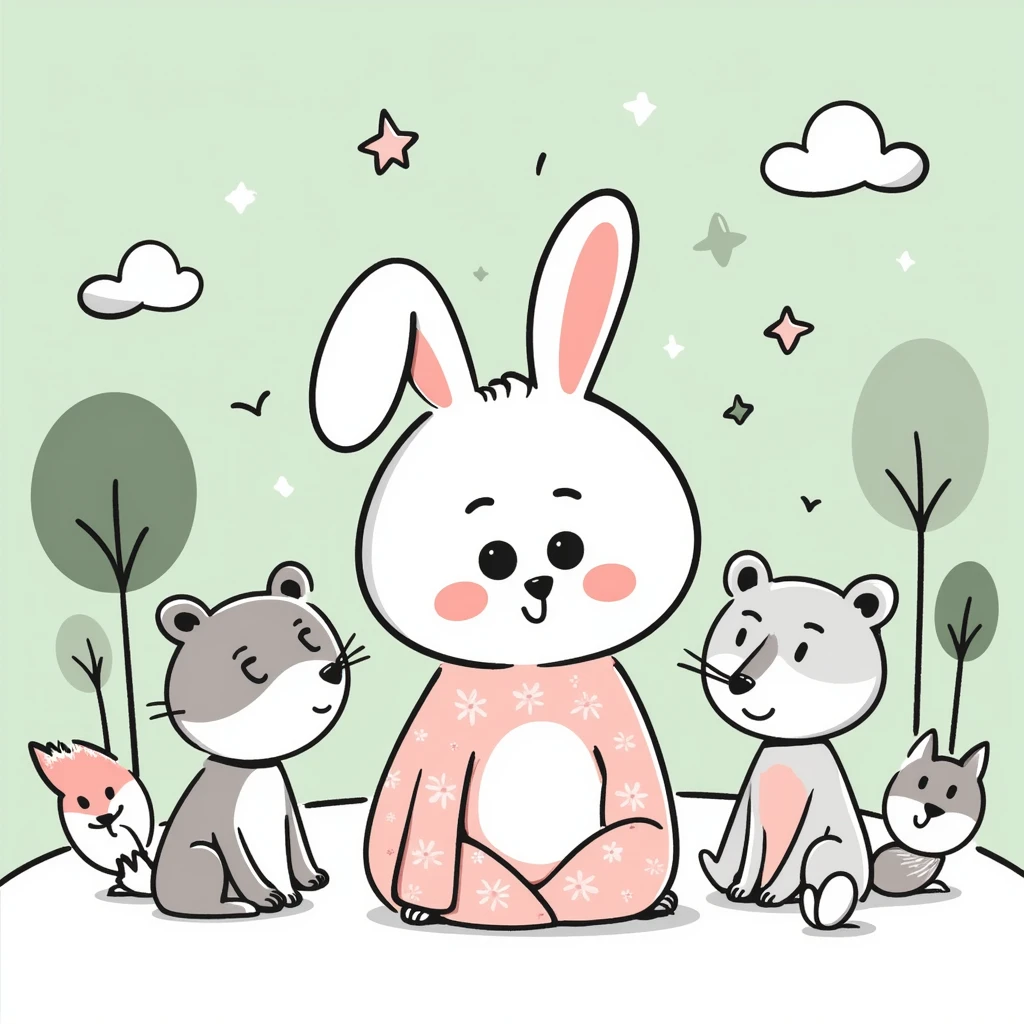 hand-drawn Japanese kawaii mori style scene with a round-faced fluffy pastel bunny with big sparkling eyes and pink blush, with a squirrel, bear, fox, and bird, dreamy pastel green forest with clouds, stars, mushrooms, soft pastel tones, transparent background, high resolution emoji