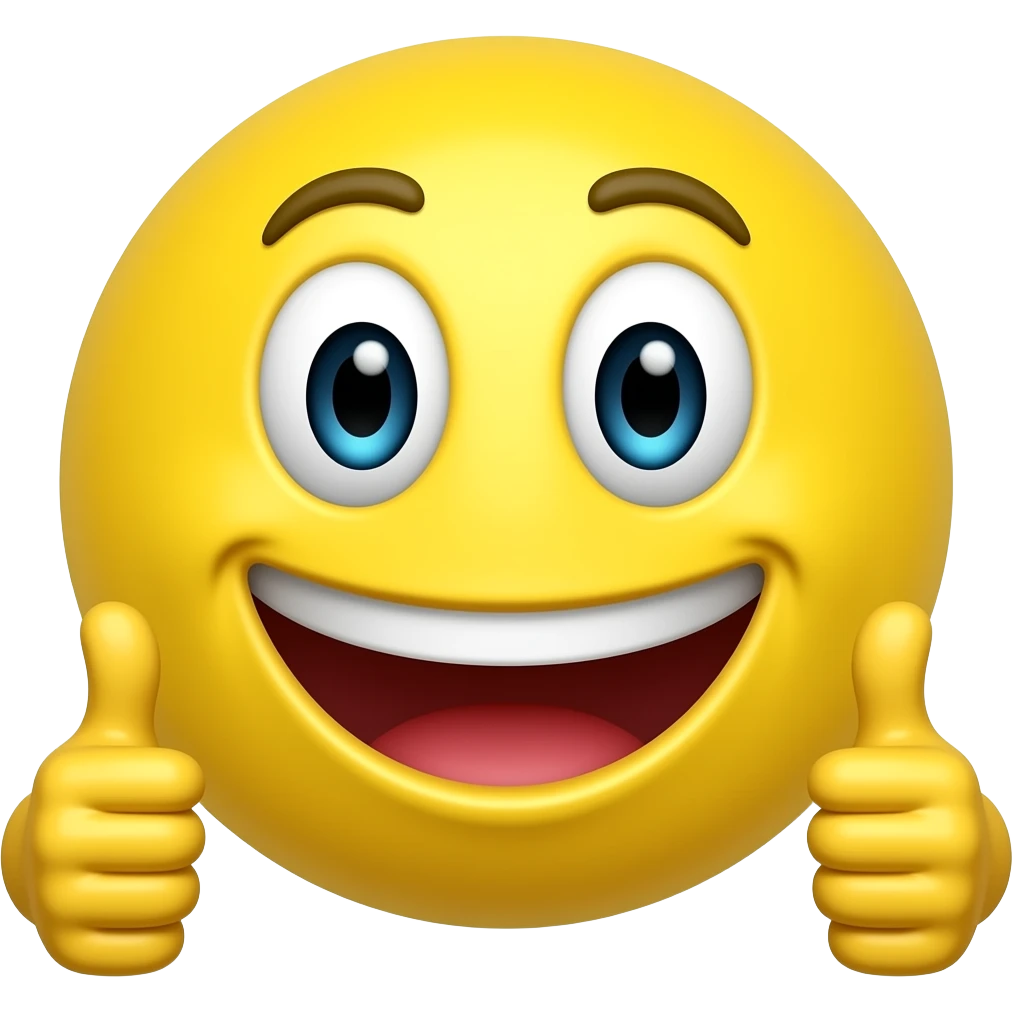 Un emoji jaune qui a un sourire en trait énorme des yeux et qui met les deux pouces en avant emoji