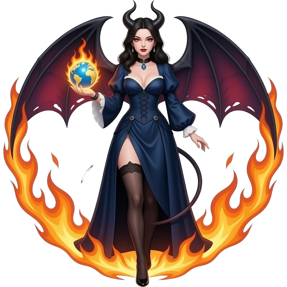 a seductive evil beautiful woman Lilith, in a long dark blue Victorian dress with a deep neckline holds a glowing globe in her hand and steps out of a circle of fire emoji