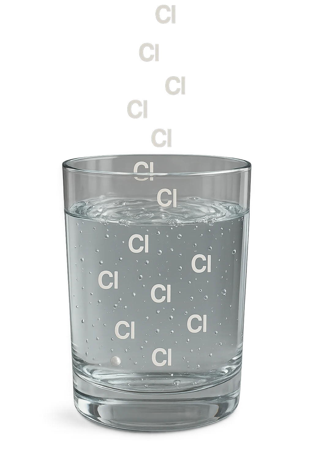 un bicchiere di acqua realistico e dettagliato fluttua in aria, dentro l'acqua del bicchiere ci sono particelle di cloro ben visibili con la scritta "Cl" sopra, ci sono particelle anche che escono dal bicchiere e fluttuano in aria verticalmente, mentre alcune sono all'interno dell'acqua nel bicchiere, iperrealistico 4k emoji