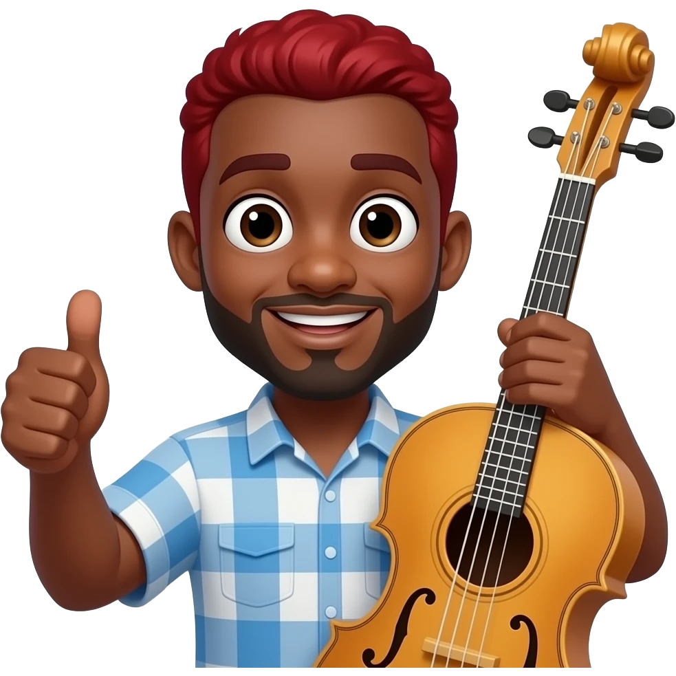 give me a funny black-skinned guy emoji png who's showing with his thumb that everything fine, also on the other hand he holds a jumbo instrument he should have red hair and his eyes being weird wide emoji