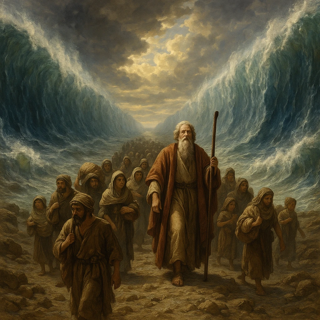 Red Sea parted, walls of water on both sides, people crossing on dry land, Moses leading, ancient setting emoji