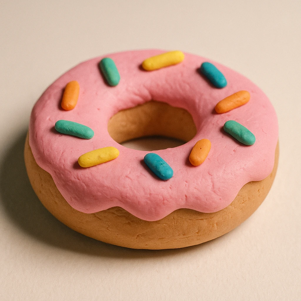 claymation style donut with pink frosting and sprinkles, visible fingerprints, pastel colors, light background emoji