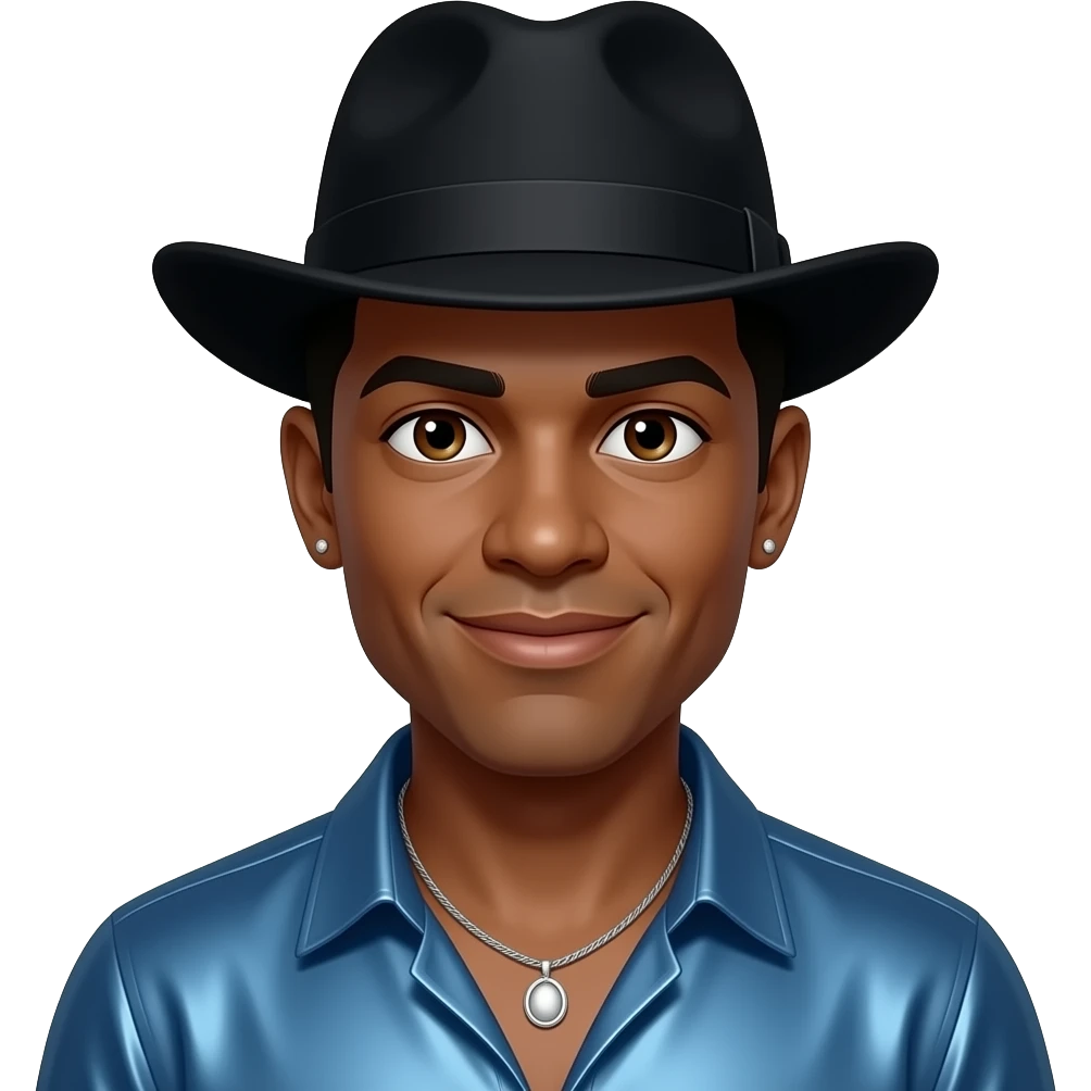Michael Colyar, Actor (b.1957) with brown skin, dark brown eyes, black hair, black hat, blue metallic shirt, silver necklace and short earrings emoji