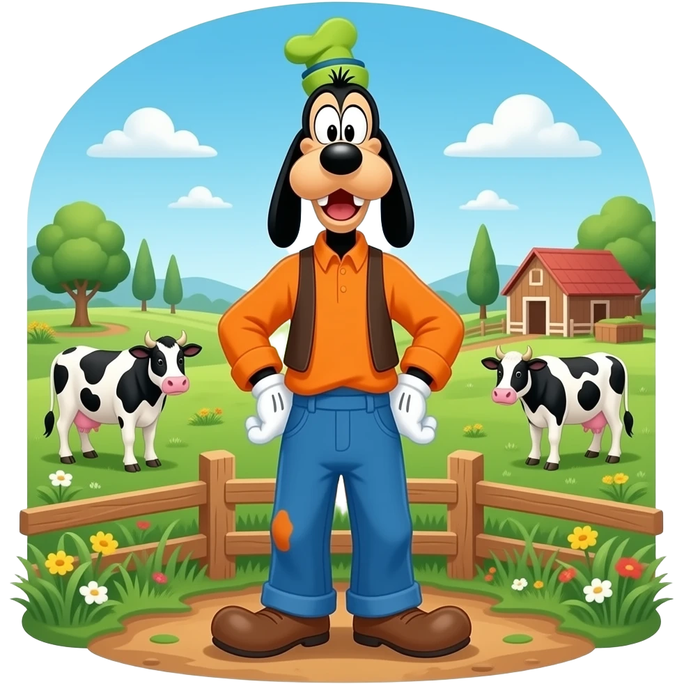 Goofy (Mickey Mouse) full body and Cow/ Farm background on it emoji