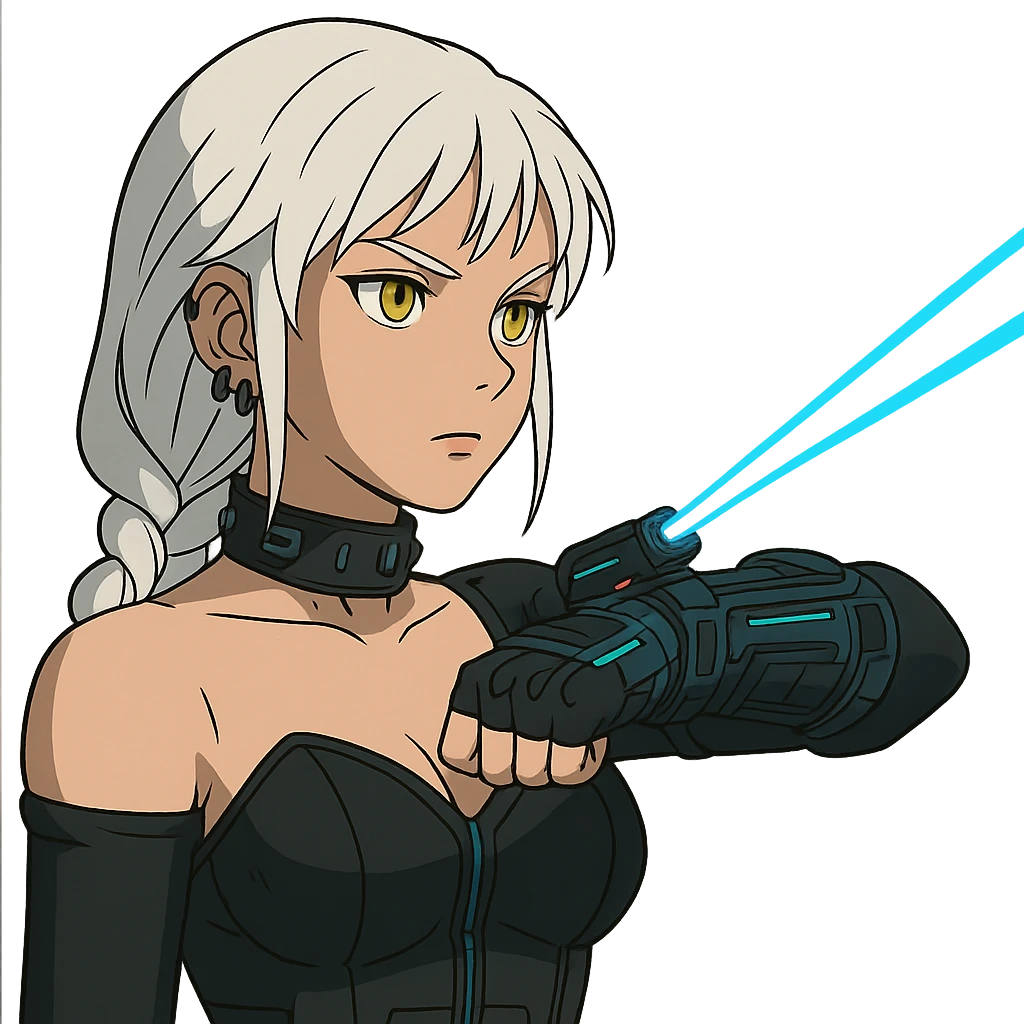  a closeup portrait of young woman with gold yellow eyes, white hair, long braid, black off-shoulder top d-cup, punk gothic style, futuristic cyberwave cyberpunk,  shooting a blue lazer from a small device on her left wrist emoji