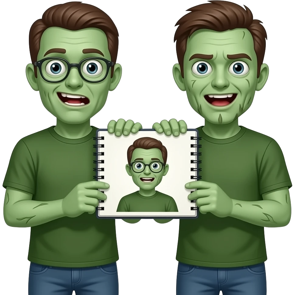 zombie green men in T shirt  holding Notepaper in two hands and showing emoji